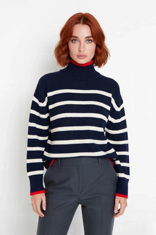 Modern Kadın Dik Yaka Triko Kazak Oversize Kesim Çizgili Desenli Uzun Kol Rahat Şıklık Kaliteli - Image 1