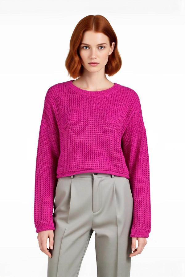 Kadınlara Özel Düşük Kollu Oversize Basic Super Crop Akrilik Kışlık Triko Kazak Şık ve Rahat - Image 1