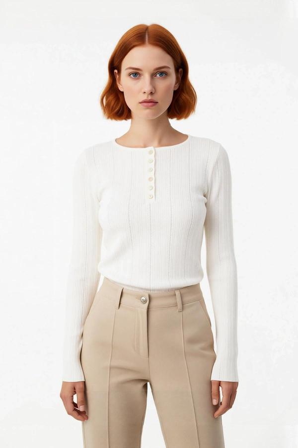 Kadın Triko Fitilli Dokuma Fitted Kalıp Uzun İspanyol Kol Kışlık Bisiklet Yaka Kazak Gündüz Gece - Image 1