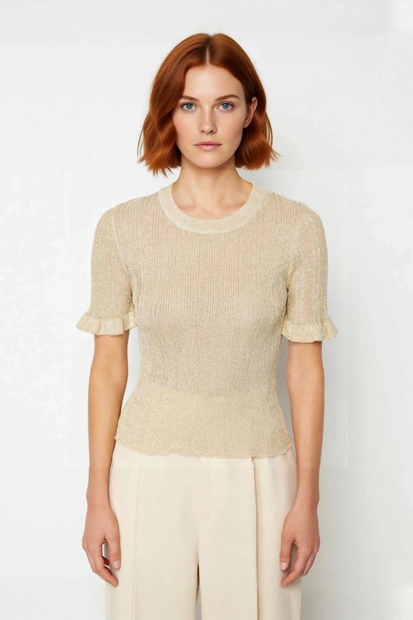 Kadın Bisiklet Yaka İnce Triko Crop Bluz Simli Detaylı Kısa Kollu Günlük Şık Giyim Kaliteli - Image 1