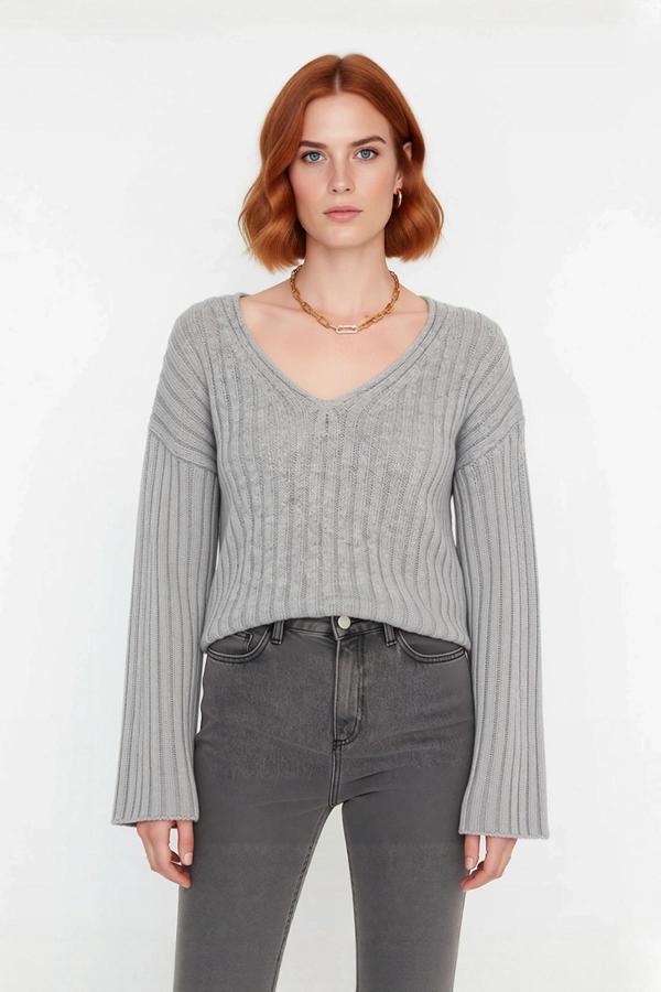 Kadın V Yaka Geniş Kalıp Yünlü Triko Kazak Uzun Kollu Fitilli Düz Basic Günlük Kombinlerin - Image 1