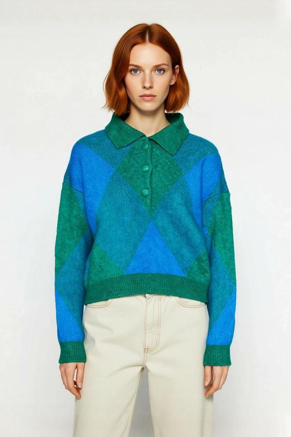 Kadınlara Özel Rahat Oversize Polo Yaka Baklava Desenli Triko Kazak Sonbahar Kış Şıklığı Sunar - Image 1