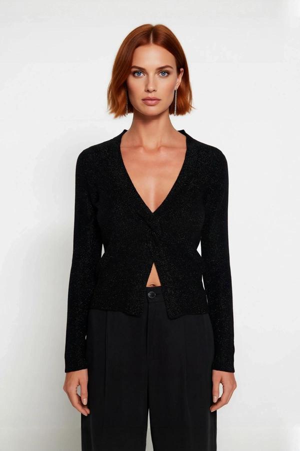 Kadın Fashion Forward Regular Kalıp Siyah Simli Triko Kazak Uzun Kollu V Yaka Modern Stil Sunar - Image 1