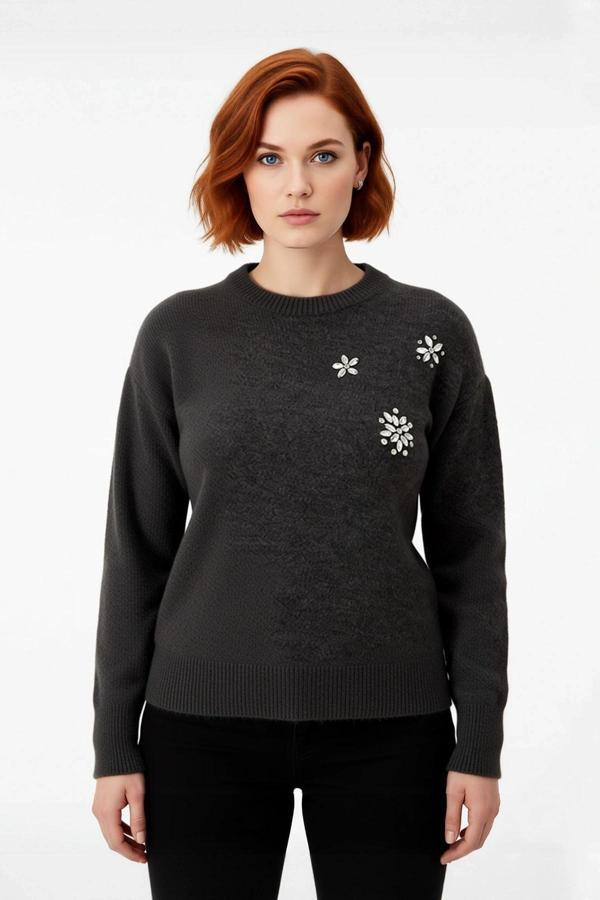 Kadın Pembe Işıltılı Taş İşlemeli Regular Kesim Bisiklet Yaka Uzun Kollu Günlük Triko Kazak - Image 1