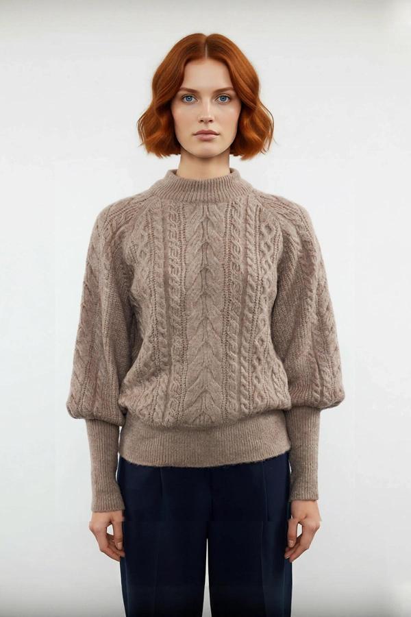 Kadınlara Özel Regular Kesim Saç Örgü Detaylı Triko Kazak Dik Yaka Balon Kol Kışlık Giyim Kaliteli - Image 1