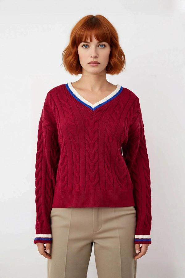 Kadın Bordo Rengi Saç Örgü Desenli V Yaka Triko Kazak Düşük Kol Rahatlık Sunan Sonbahar Kış - Image 1