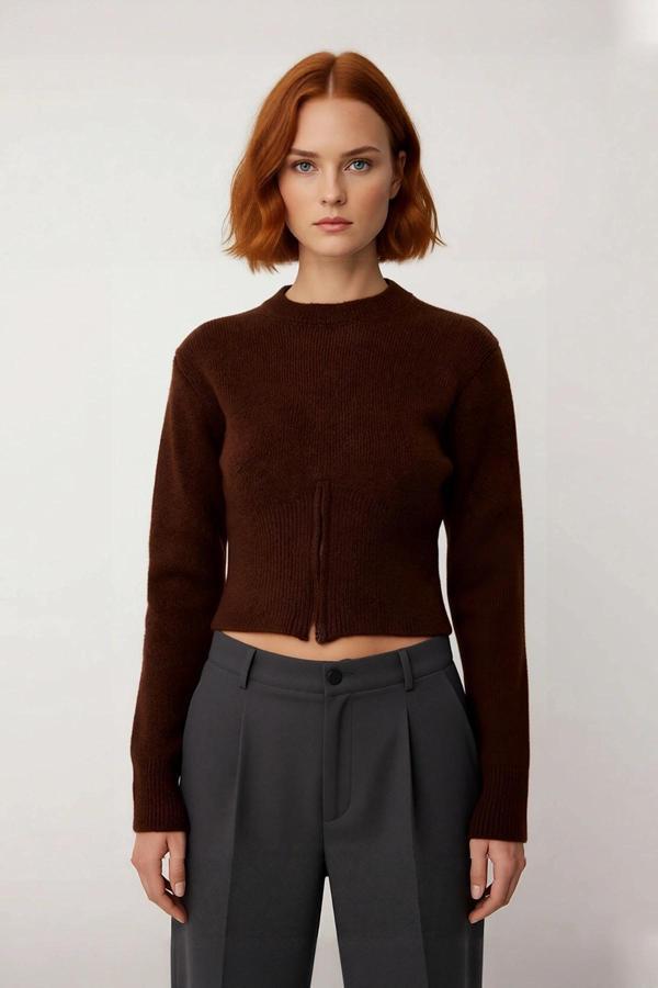 Kadınlara Özel Regular Kalıp Crop Boy Triko Bisiklet Yaka Fermuar Detaylı Düz Kalın Kazak Kaliteli - Image 1