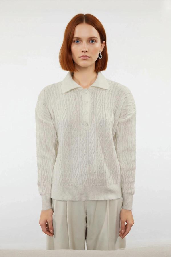 Kadın Oversize Triko Polo Yaka Saç Örgü Düşük Kollu Rahat Kışlık Basic Stil Kazak Kaliteli - Image 1