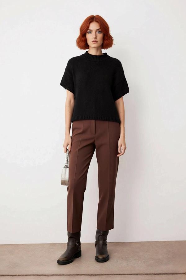 Kadın Geniş Kalıp Basic Dik Yaka Kalın Selanik Dokulu Düşük Kısa Kollu Triko Kazak Günlük Şıklık - Image 1