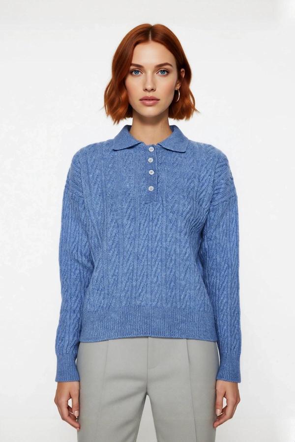 Kadın Oversize Triko Polo Yaka Saç Örgü Düşük Kollu Rahat Kışlık Basic Stil Kazak Kaliteli - Image 1