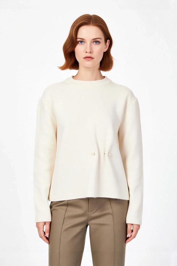 Kadın Yumuşak Dokulu Regular Triko Kazak Bisiklet Yaka Uzun Kollu İnci Detaylı Kış Stili Kaliteli - Image 1