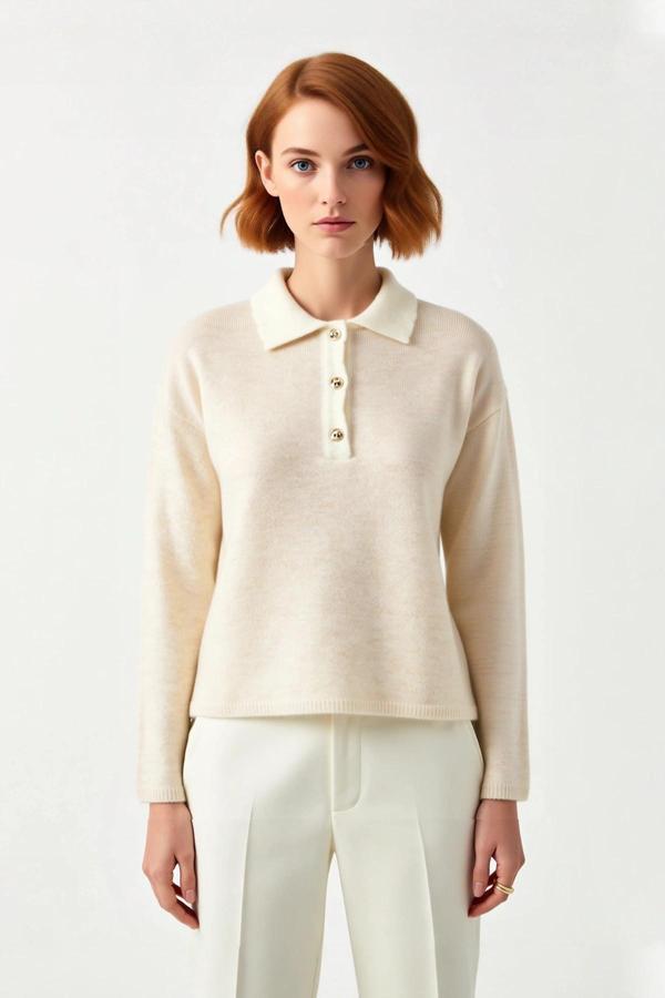 Kadın Polo Yaka Oversize Triko Kazak Düşük Kollu Rahat Kesim Günlük Şıklık Kombinleri İçin İdeal - Image 1