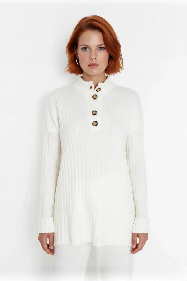 Kadın Casual Ekru Yarım Patlı Düşük Kol Fitilli Triko Kazak Soğuk Havaların Favorisi Kaliteli - Image 1