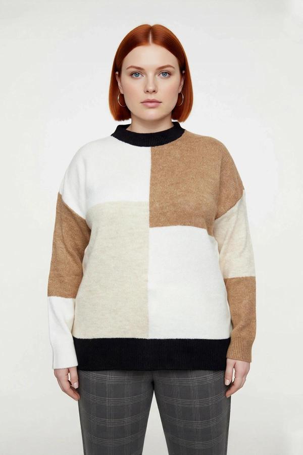 Kadın Modern Tarz Renk Blok Desenli Bisiklet Yaka Düşük Kol Triko Kazak Kış Sezonu Rahatlığı - Image 1