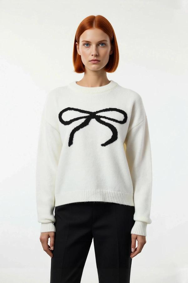 Kadın Regular Kalıp Şık Fiyonk Desenli Bisiklet Yaka Uzun Kollu Triko Kazak Kış Kombini Kaliteli - Image 1