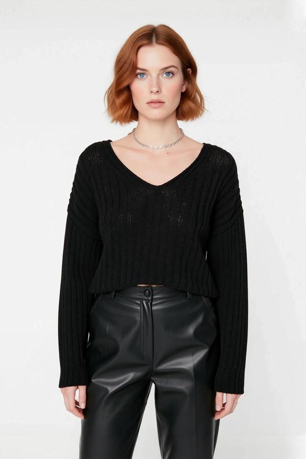 Kadın V Yaka Geniş Kalıp Yünlü Triko Kazak Uzun Kollu Fitilli Düz Basic Günlük Kombinlerin - Image 1