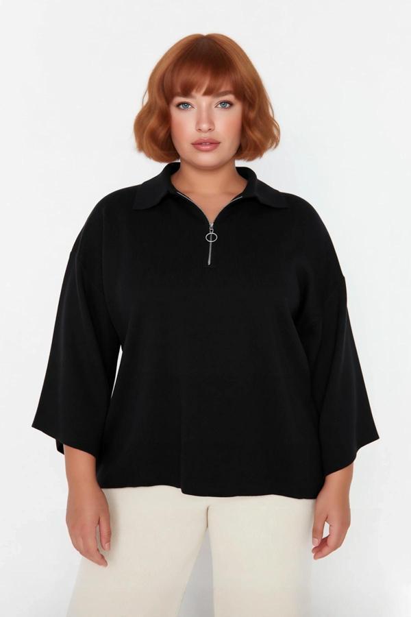 Kadın Büyük Beden Relaxed Kalıp Polo Yaka Fermuarlı Düşük Omuz Truvakar Kol Triko Kazak Kaliteli - Image 1