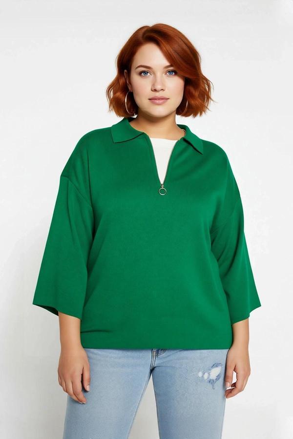 Kadın Büyük Beden Relaxed Kalıp Polo Yaka Fermuarlı Düşük Omuz Truvakar Kol Triko Kazak Kaliteli - Image 1