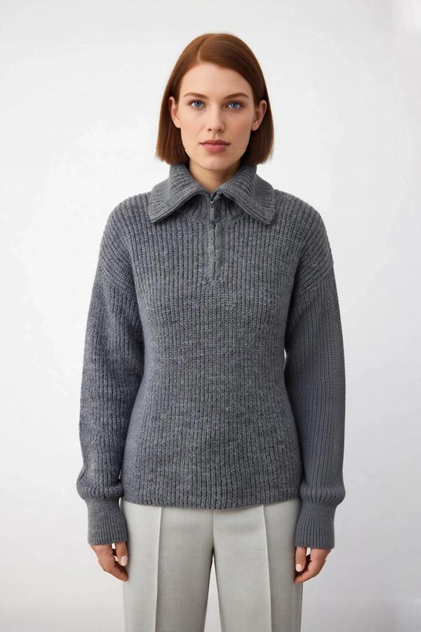 Kadın Casual Regular Kalıp Selanik Dokuma Uzun Kollu Triko Kazak Fermuarlı Dik Yaka Soğuk Havalar - Image 1