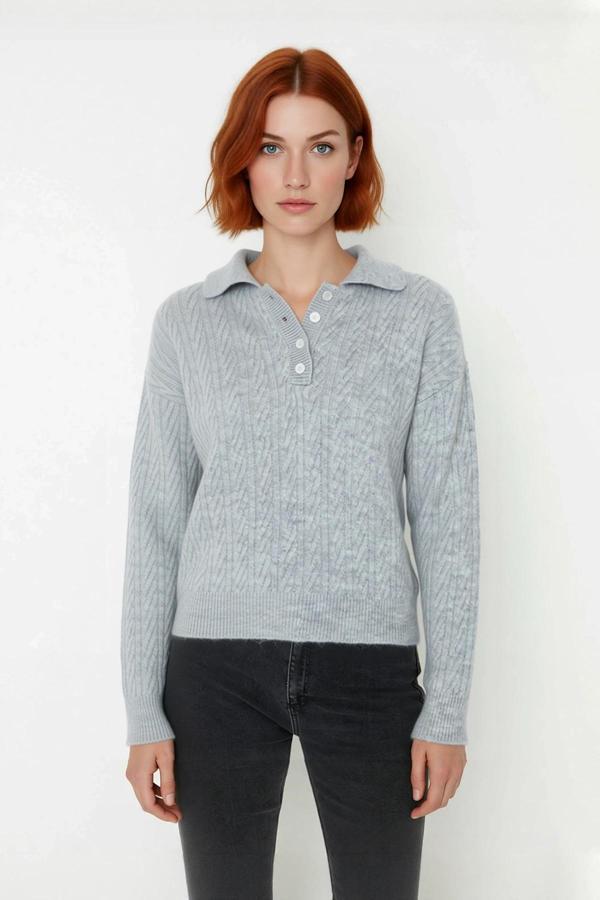 Kadın Oversize Triko Polo Yaka Saç Örgü Düşük Kollu Rahat Kışlık Basic Stil Kazak Kaliteli - Image 1