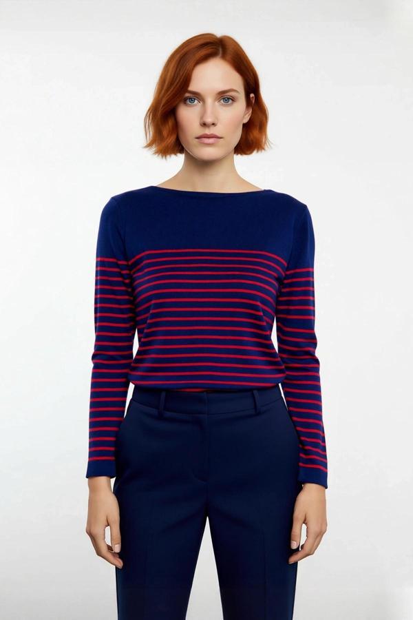 Kadın Basic Regular Kalıp Uzun Kollu Çizgili Bisiklet Yaka Gri Triko Kazak Modeli Kaliteli - Image 1