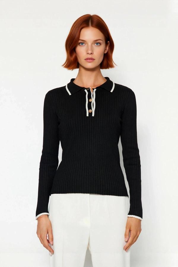 Kadın Fitted Triko Polo Yaka Kazak Zarif Renk Bloklu Tasarımıyla Günlük Şıklığı Tamamlar Kaliteli - Image 1