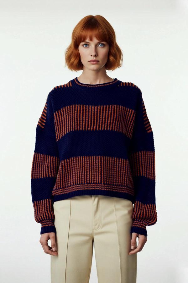 Kadın Rahat Kalıp Düşük Kol Bisiklet Yaka Renk Bloklu Akrilik Triko Kazak Günlük Kullanım Şıklığı. - Image 1