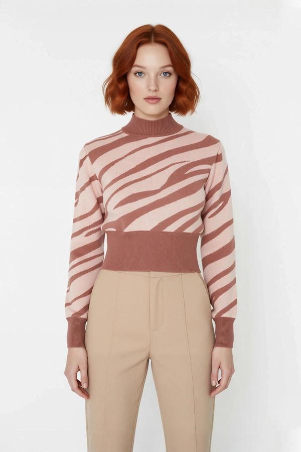 Kadınlara Özel Pembe Zebra Desenli Dik Yaka Uzun Kollu Crop Triko Kazak Kış Şıklığı İçin Kaliteli - Image 1