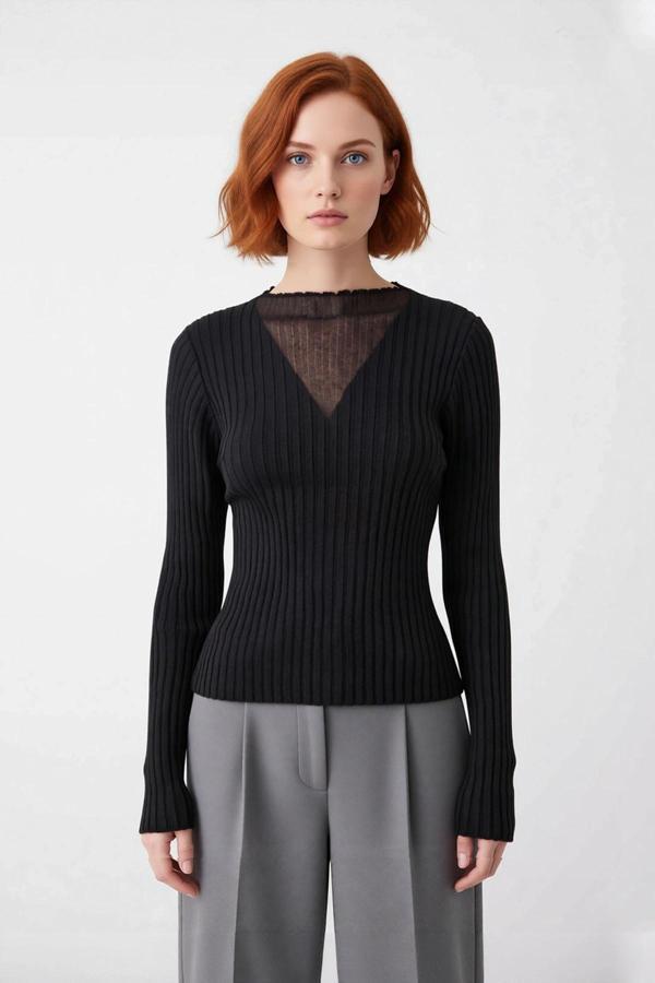 Kadın Modern Siyah Fitted Triko Kazak Transparan V Yaka Detaylı Şık Uzun Kollu Gündüz Gece - Image 1