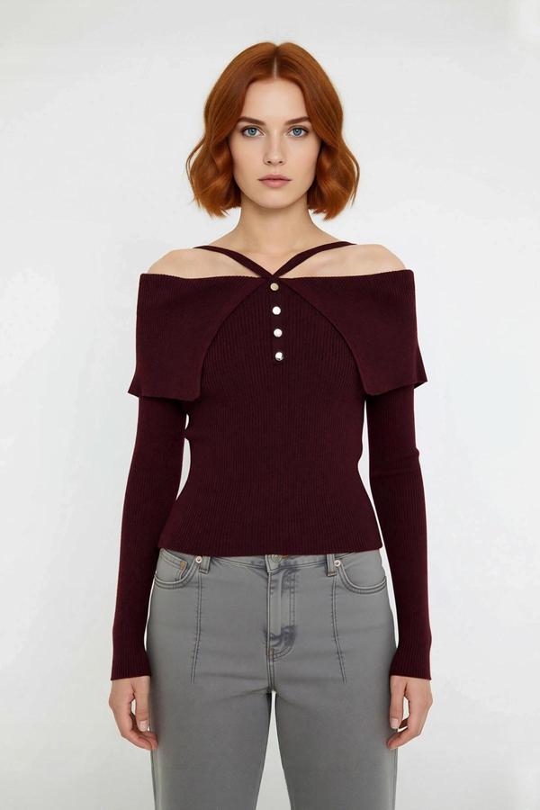 Kadın Şık Carmen Yaka Uzun Kollu Fitted Kesim Fitilli Triko Kazak İlkbahar Sonbahar Stili İçin İdeal - Image 1