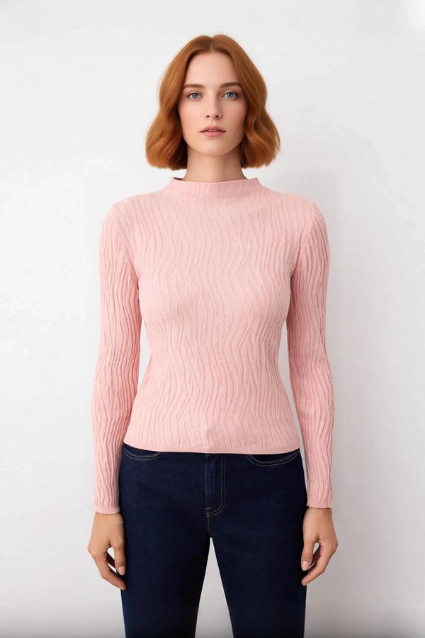 Kadın Dokulu Desenli Fitted Kalıp Dik Yaka İnce Triko Kazak Standart Kollu Rahat Günlük Şıklık - Image 1