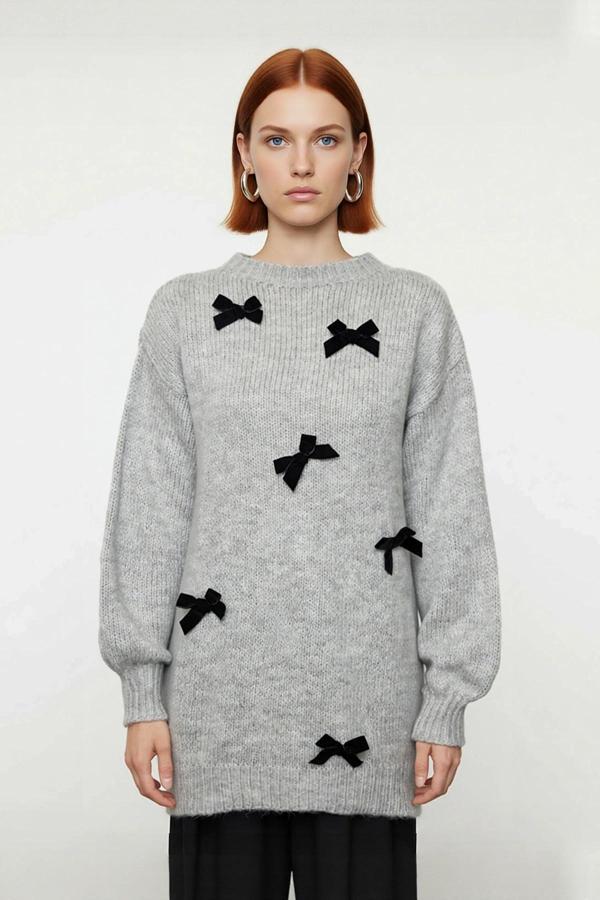 Kadın Relaxed Kesim Uzun Kol Triko Fiyonk Detaylı Bisiklet Yaka Basic Kışlık Kazak Stili Kaliteli - Image 1