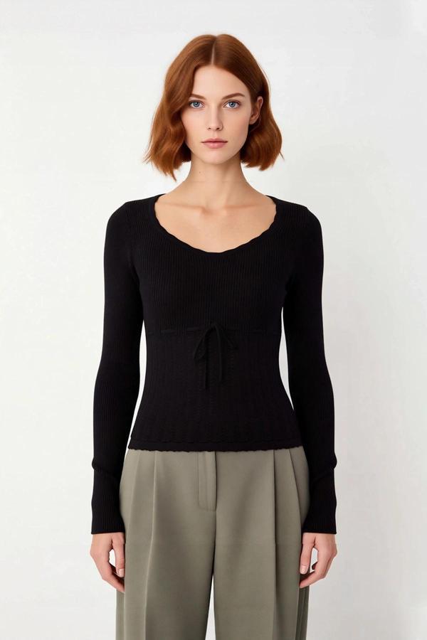 Kadın Triko Fitted Havuz Yaka İnce Dokulu Crop Model Uzun Kollu Şık İlkbahar Sonbahar Kazak - Image 1