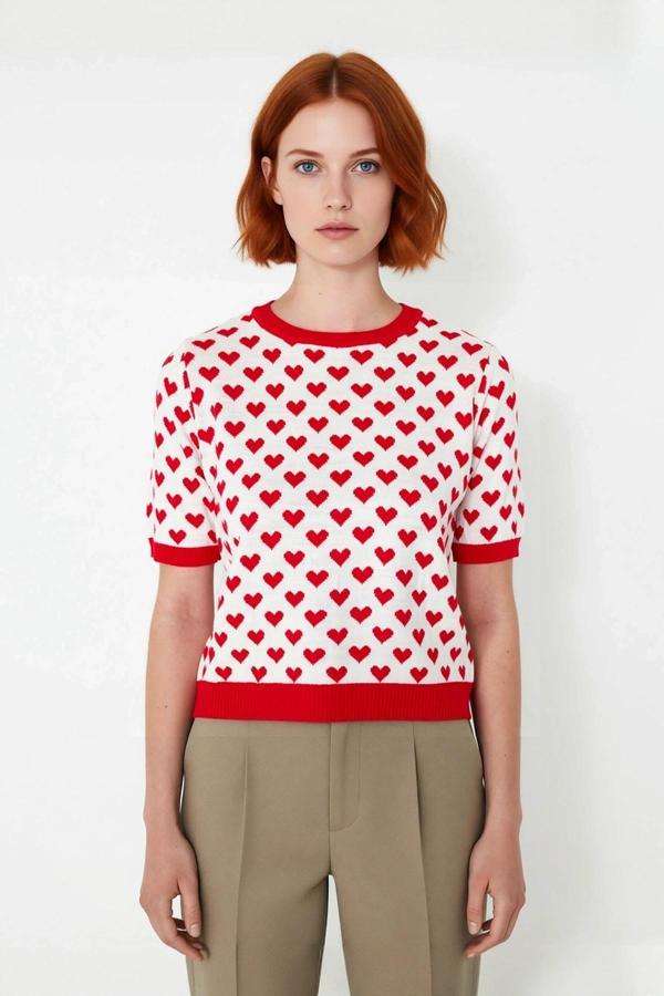 Kadın Basic Kısa Kollu Bisiklet Yaka Kalp Desenli Triko Bluz İlkbahar Sonbahar Stili Kaliteli - Image 1