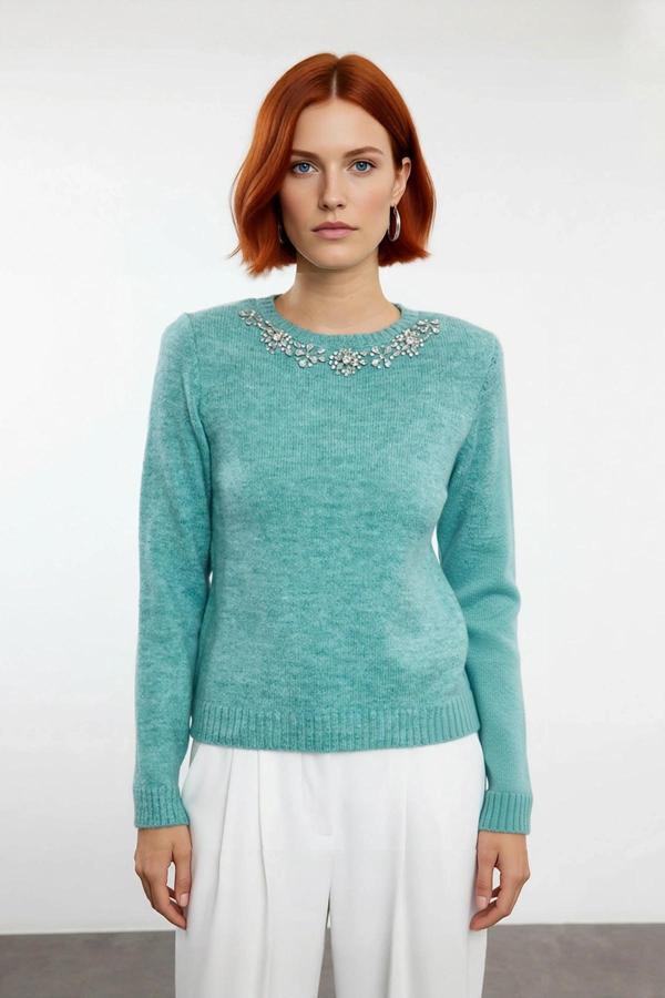 Kadın Taş İşlemeli Bisiklet Yaka Triko İnce Dokulu Regular Kalıp Uzun Kollu Şık Kazak Kaliteli - Image 1