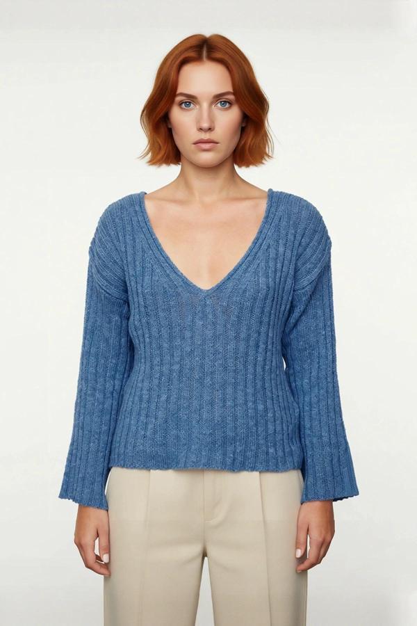 Kadın V Yaka Geniş Kalıp Yünlü Triko Kazak Uzun Kollu Fitilli Düz Basic Günlük Kombinlerin - Image 1