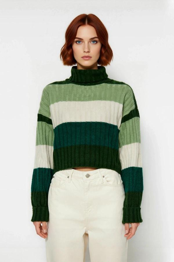 Kadın Basic Renk Bloklu Uzun Kol Balıkçı Yaka Super Crop Fitilli Triko Kazak Kış Modasına Uyumlu - Image 1