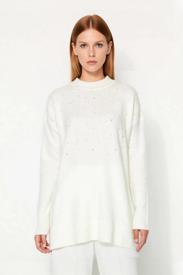 Kadın Şık İnci Detaylı Uzun Triko Kazak Relaxed Kalıp Bisiklet Yaka Balon Kol Kışlık Kaliteli - Image 1