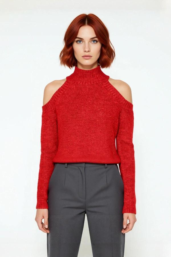 Kadın Sim Detaylı Dik Yaka Regular Kalıp Reglan Kol Triko Omuz Kesimli Soğuk Hava Kazağı Kaliteli - Image 1