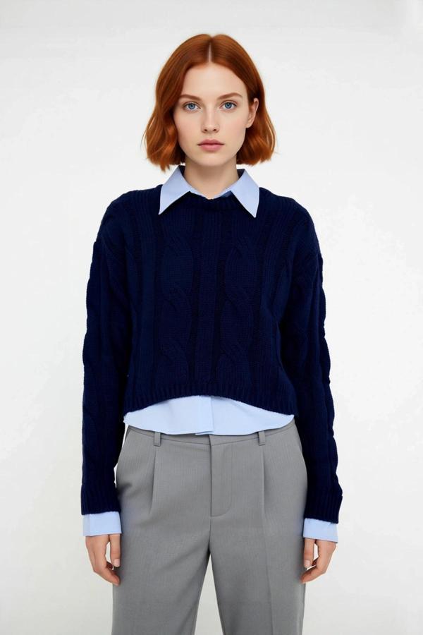 Genç Kadın Casual Tarz Triko Kazak Regular Kalıp Saç Örgü Desenli Kışlık Düşük Kol Detaylı - Image 1