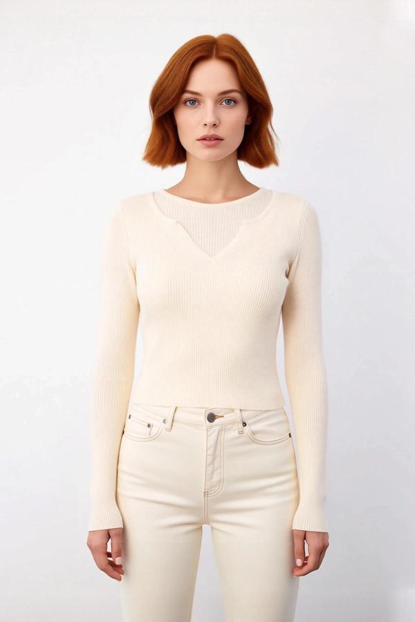 Şık Kadın Fitted Kesim Uzun Kollu Triko Kazak Renk Bloklu Basic Siluet Kış Sonbahar Kombinlerinin - Image 1