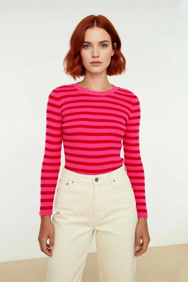 Kadın Çizgili Triko Fitted Uzun Kol Bisiklet Yaka Akrilik Basic Casual Günlük Kazak Kaliteli - Image 1