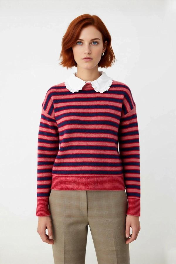 Kadın Renk Bloklu Kalın Triko Kazak Kış Sezonu İçin Çıkarılabilir Yaka Düşük Kol Rahat Giyim - Image 1