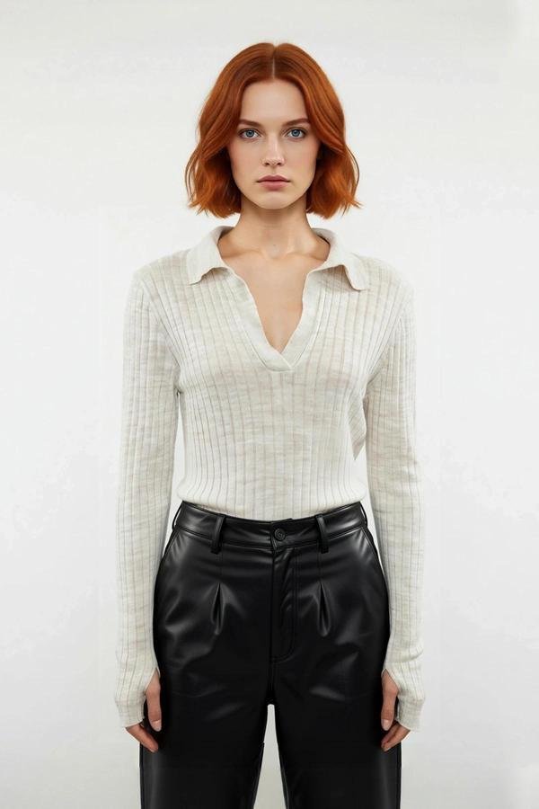 Kadınlara Özel Basic Regular Kesim Polo Yaka Fitilli Triko Kazak Modern ve Konforlu Stil Kaliteli - Image 1