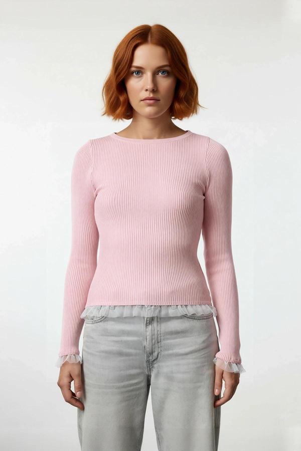 Kadın Zarif Fitted Triko Pembe Tül Detaylı Uzun Kollu Bisiklet Yaka Sonbahar Kazak Kaliteli - Image 1