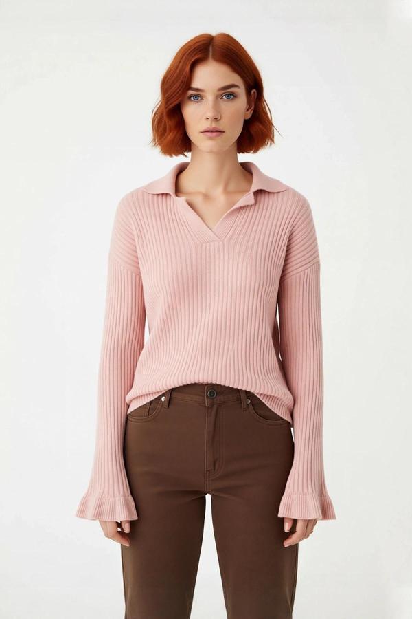 Kadın Regular Kalıp Apaş Yaka Düz Desen Volanlı Kol Triko Kazak Kışlık Zarif Kombinler Kaliteli - Image 1