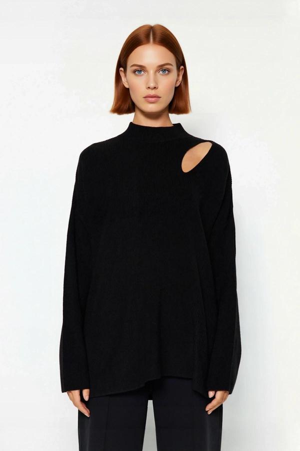 Kadın Modern Oversize Düşük Kol Siyah Akrilik Triko Kazak Cut Out Detaylı Günlük Şıklık Kaliteli - Image 1