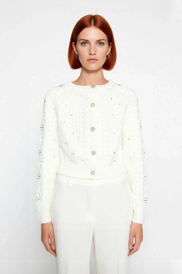 Kadınlara Özel Kışlık Regular Kalıp Saç Örgülü Crop Akrilik Triko Hırka Günlük Şıklık Kaliteli - Image 1