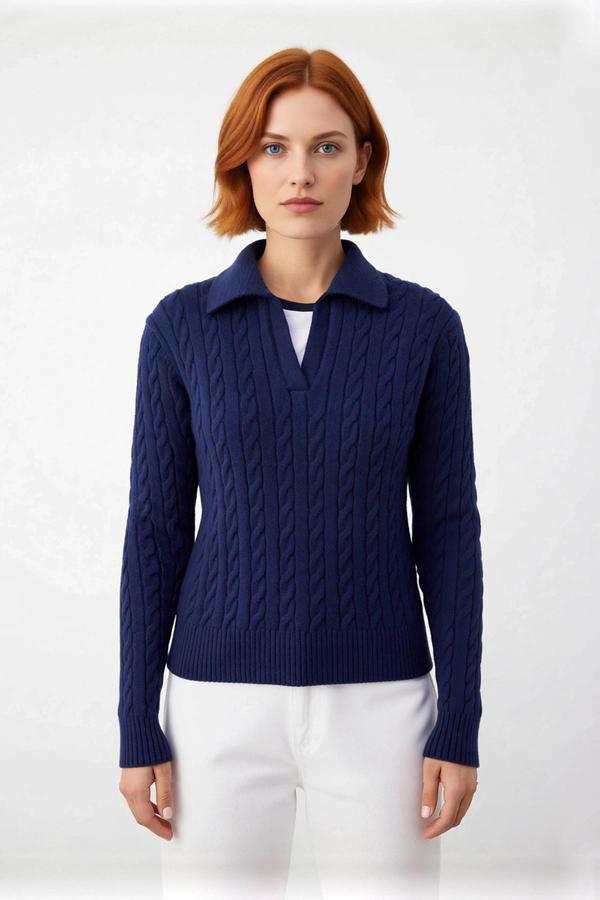 Soğuk Havalara Özel Kadın Regular Kalıp Saç Örgüsü Polo Yaka Triko Kazak Rahat Şıklık Kaliteli - Image 1