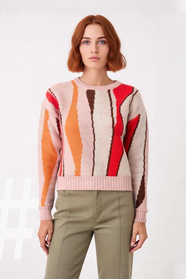 Kadın Kalın Triko Kazak Regular Kesim Renk Bloklu Bisiklet Yaka Düşük Kol Kış Stili Kaliteli - Image 1